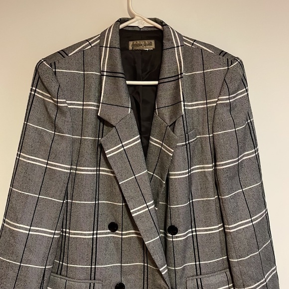 VTG Business Preppy Blazer Plaid 10 Gray Black Pads Suit Coat Jacket Power - Picture 3 of 10